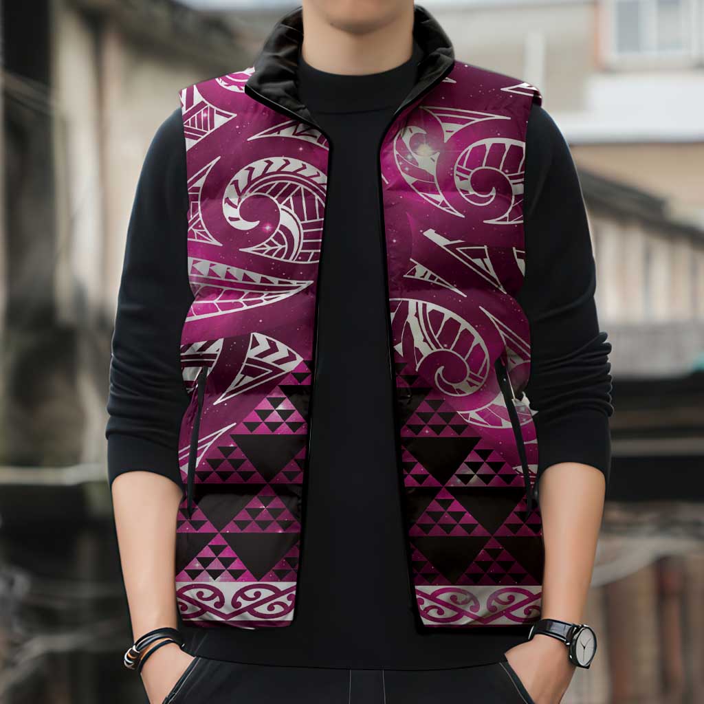 Matariki New Zealand Sleeveless Puffer Jacket NZ Niho Taniwha Maori New Year Pink Galaxy LT14 - Polynesian Pride