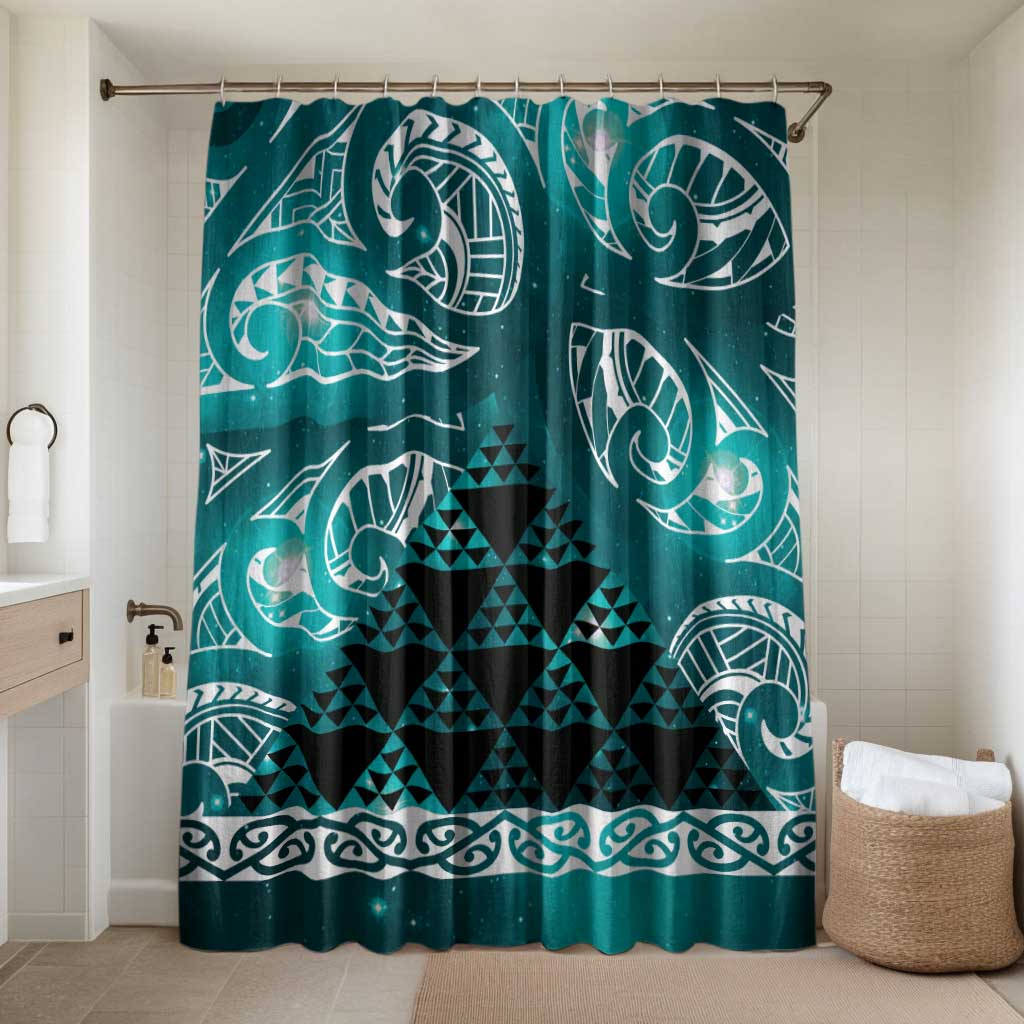 Matariki New Zealand Bathroom Set NZ Niho Taniwha Maori New Year Cyan Galaxy LT14 Shower Curtain Only Cyan - Polynesian Pride