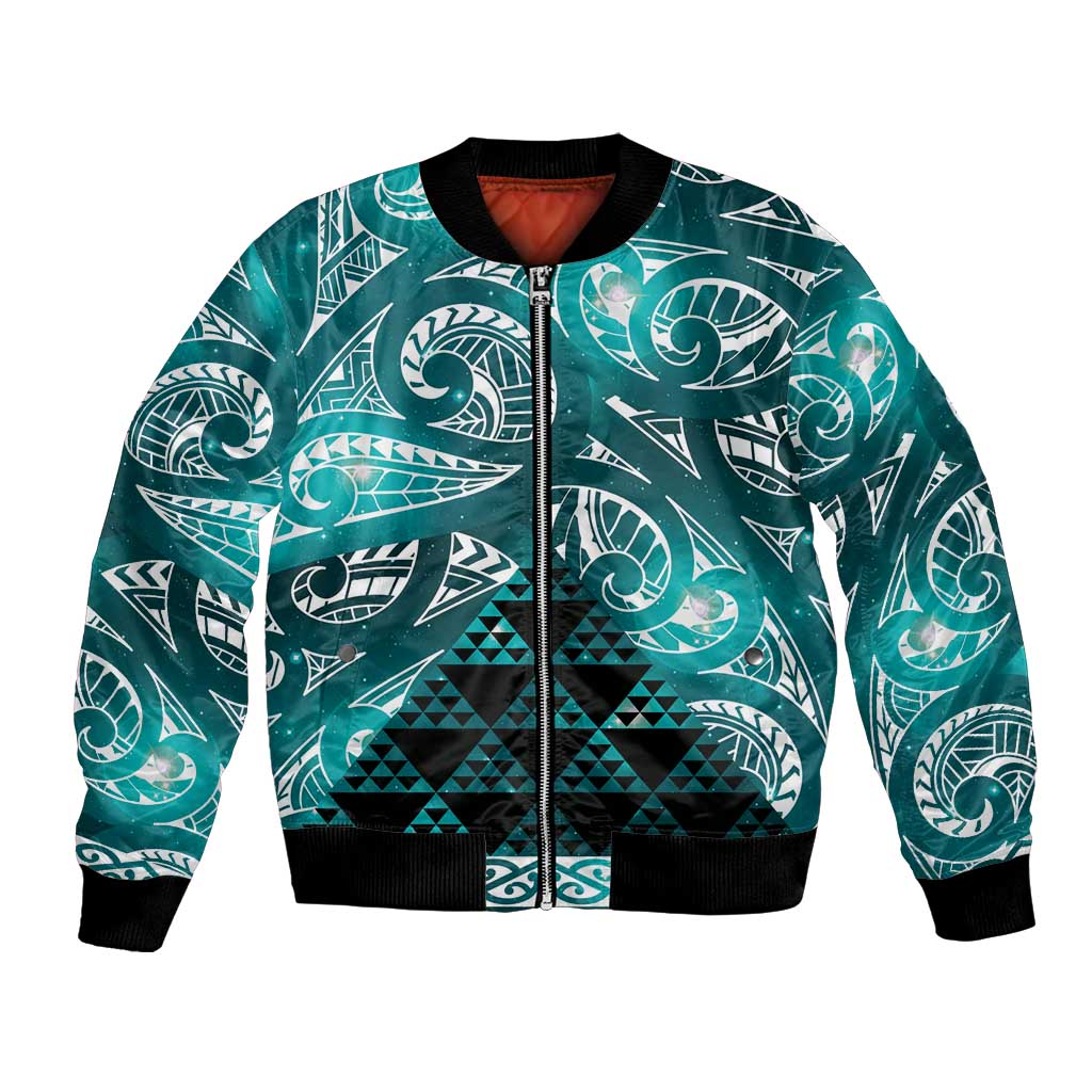 Matariki New Zealand Bomber Jacket NZ Niho Taniwha Maori New Year Cyan Galaxy LT14 Unisex Cyan - Polynesian Pride