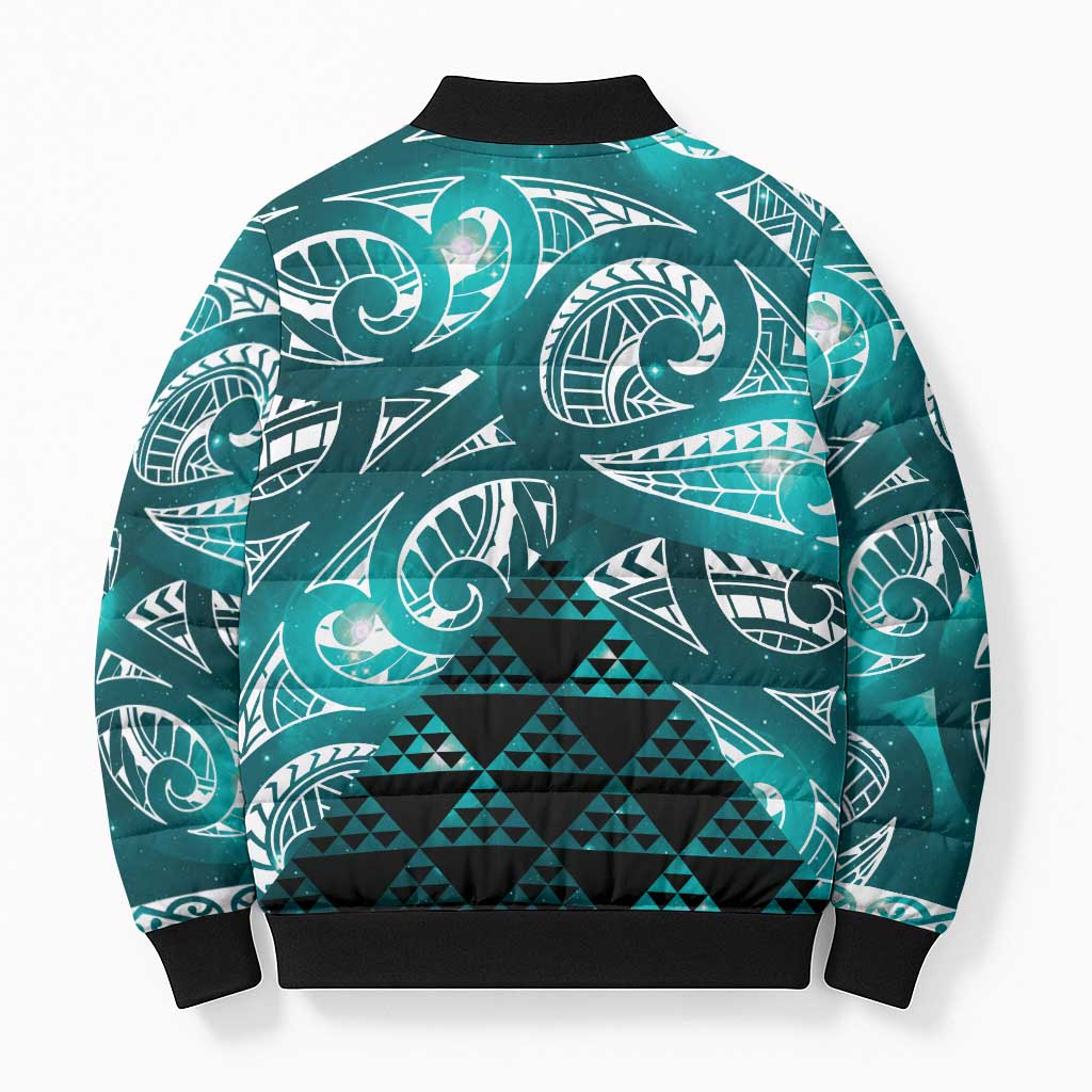 Matariki New Zealand Bomber Puffer Jacket NZ Niho Taniwha Maori New Year Cyan Galaxy LT14 - Polynesian Pride