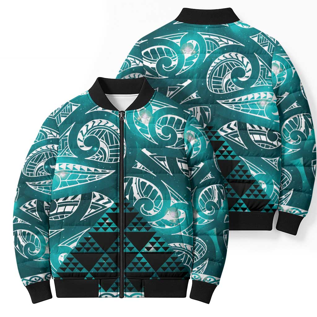 Matariki New Zealand Bomber Puffer Jacket NZ Niho Taniwha Maori New Year Cyan Galaxy LT14 - Polynesian Pride