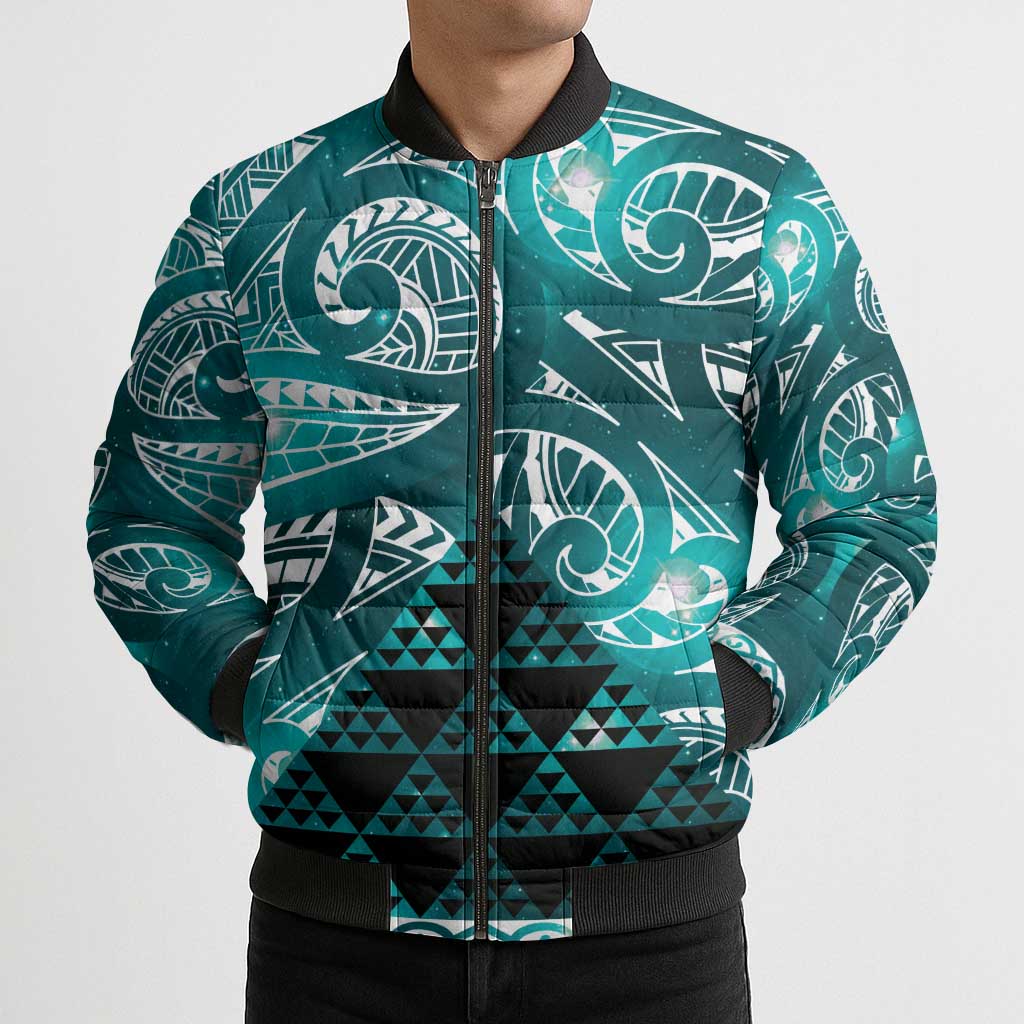 Matariki New Zealand Bomber Puffer Jacket NZ Niho Taniwha Maori New Year Cyan Galaxy LT14 - Polynesian Pride