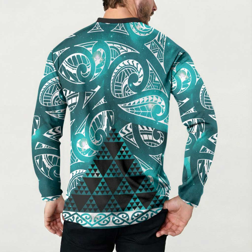 Matariki New Zealand Button Sweatshirt NZ Niho Taniwha Maori New Year Cyan Galaxy LT14 - Polynesian Pride
