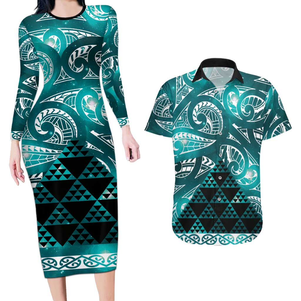Matariki New Zealand Couples Matching Long Sleeve Bodycon Dress and Hawaiian Shirt NZ Niho Taniwha Maori New Year Cyan Galaxy LT14 Cyan - Polynesian Pride