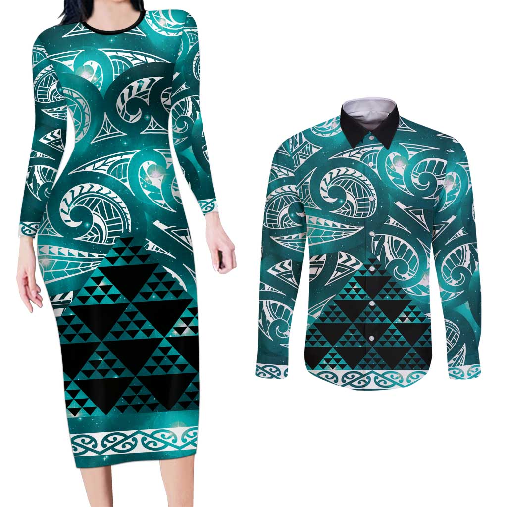 Matariki New Zealand Couples Matching Long Sleeve Bodycon Dress and Long Sleeve Button Shirt NZ Niho Taniwha Maori New Year Cyan Galaxy
