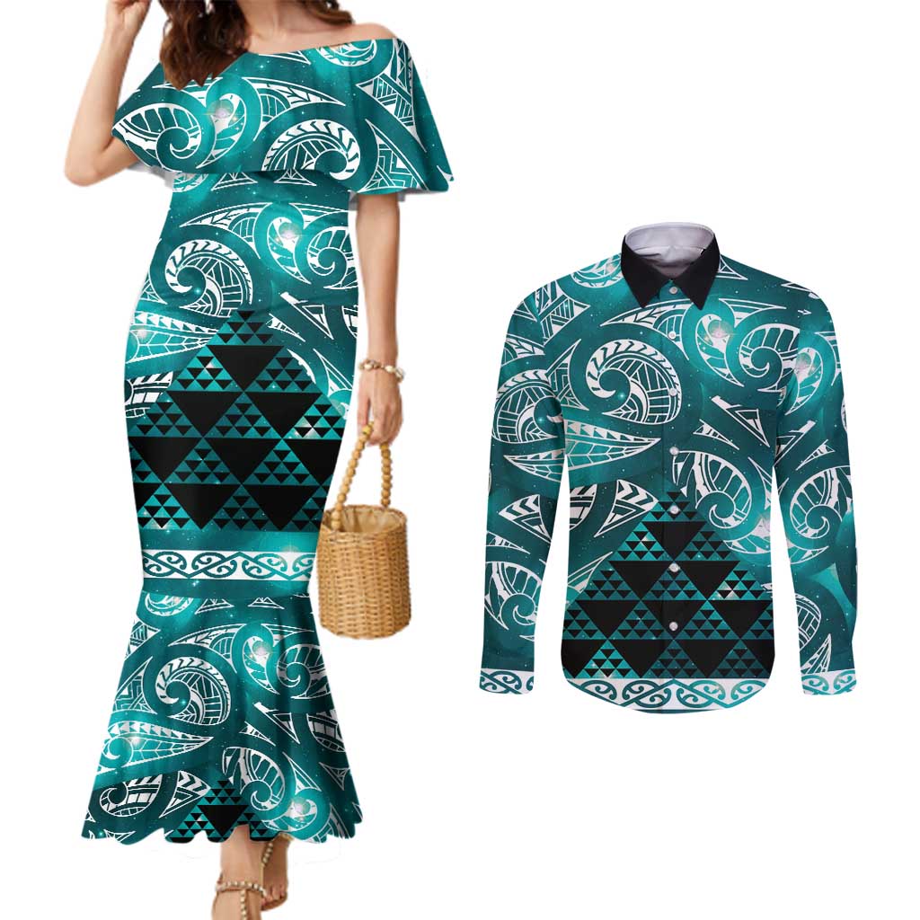 Matariki New Zealand Couples Matching Mermaid Dress and Long Sleeve Button Shirt NZ Niho Taniwha Maori New Year Cyan Galaxy