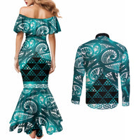 Matariki New Zealand Couples Matching Mermaid Dress and Long Sleeve Button Shirt NZ Niho Taniwha Maori New Year Cyan Galaxy