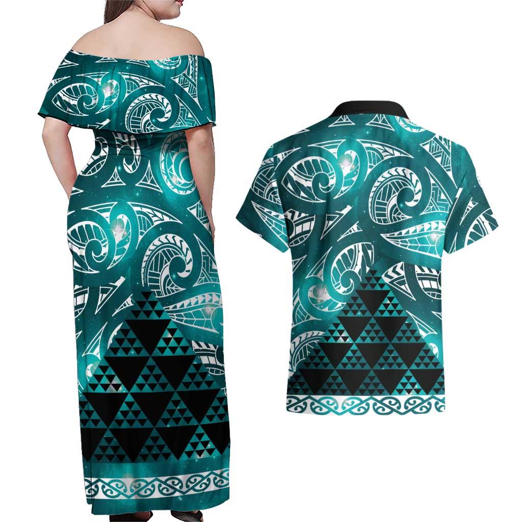 Matariki New Zealand Couples Matching Off Shoulder Maxi Dress and Hawaiian Shirt NZ Niho Taniwha Maori New Year Cyan Galaxy