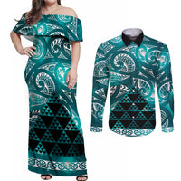 Matariki New Zealand Couples Matching Off Shoulder Maxi Dress and Long Sleeve Button Shirt NZ Niho Taniwha Maori New Year Cyan Galaxy