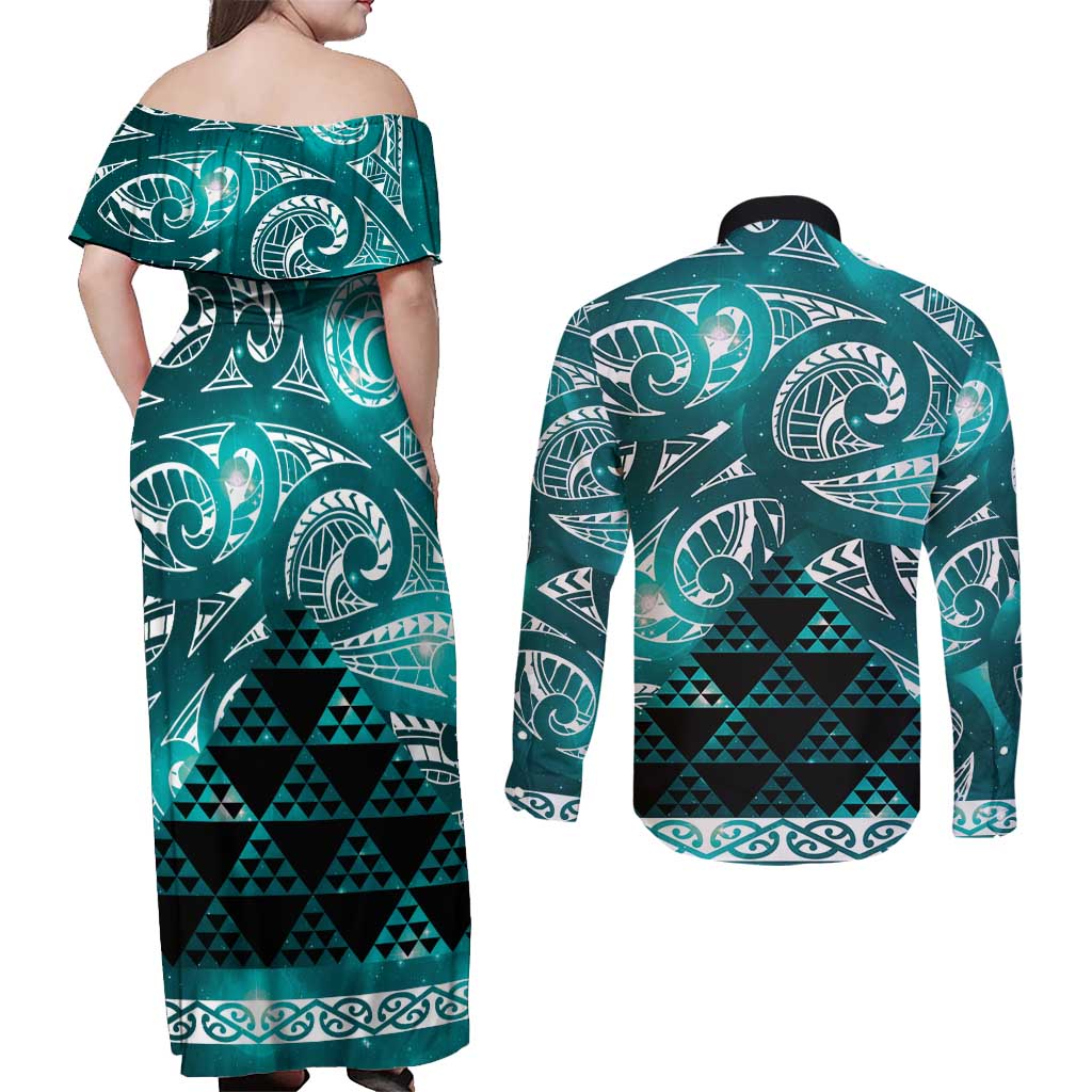 Matariki New Zealand Couples Matching Off Shoulder Maxi Dress and Long Sleeve Button Shirt NZ Niho Taniwha Maori New Year Cyan Galaxy
