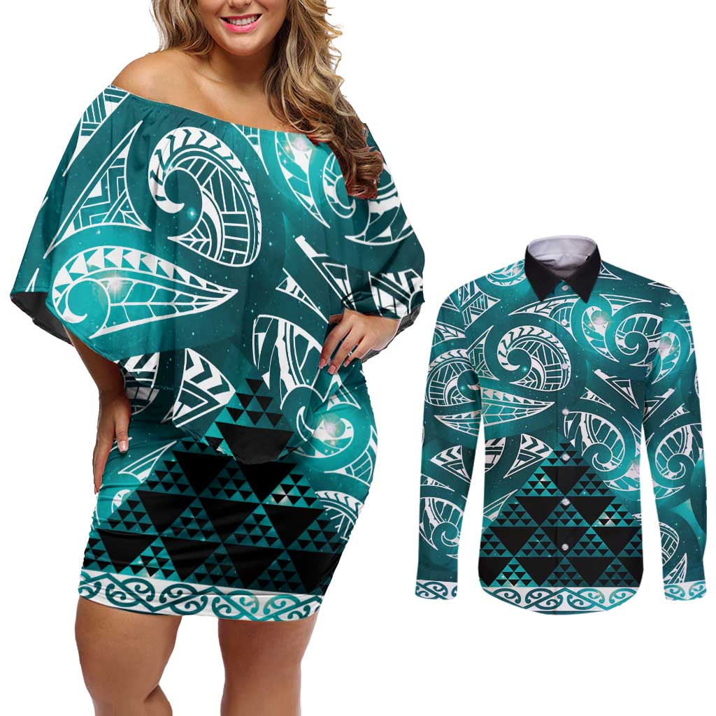 Matariki New Zealand Couples Matching Off Shoulder Short Dress and Long Sleeve Button Shirt NZ Niho Taniwha Maori New Year Cyan Galaxy LT14 Cyan - Polynesian Pride