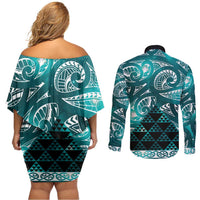 Matariki New Zealand Couples Matching Off Shoulder Short Dress and Long Sleeve Button Shirt NZ Niho Taniwha Maori New Year Cyan Galaxy