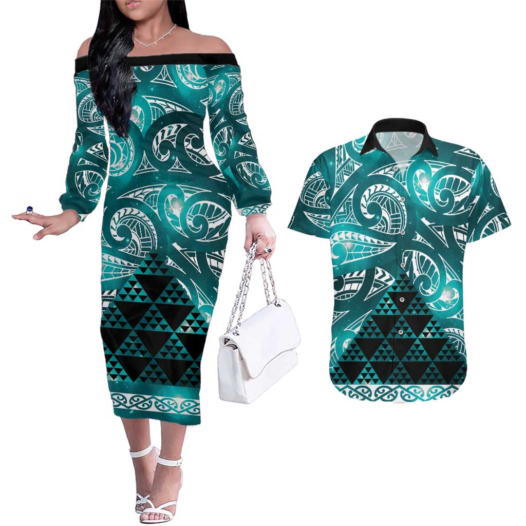 Matariki New Zealand Couples Matching Off The Shoulder Long Sleeve Dress and Hawaiian Shirt NZ Niho Taniwha Maori New Year Cyan Galaxy LT14 Cyan - Polynesian Pride