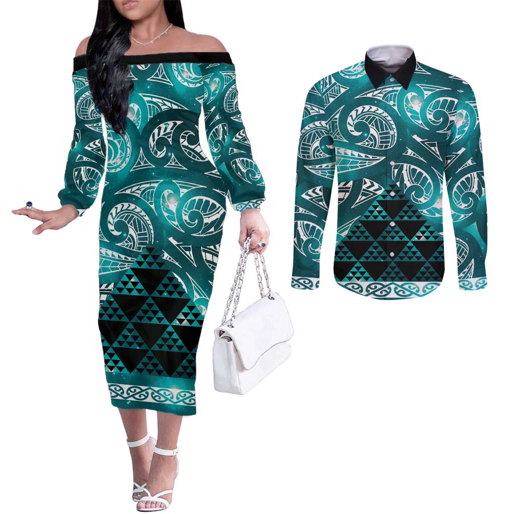 Matariki New Zealand Couples Matching Off The Shoulder Long Sleeve Dress and Long Sleeve Button Shirt NZ Niho Taniwha Maori New Year Cyan Galaxy