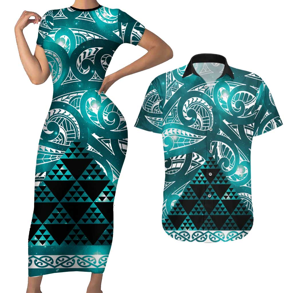 Matariki New Zealand Couples Matching Short Sleeve Bodycon Dress and Hawaiian Shirt NZ Niho Taniwha Maori New Year Cyan Galaxy
