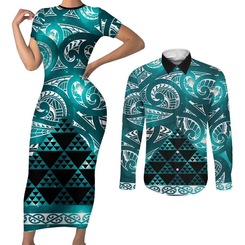 Matariki New Zealand Couples Matching Short Sleeve Bodycon Dress and Long Sleeve Button Shirt NZ Niho Taniwha Maori New Year Cyan Galaxy