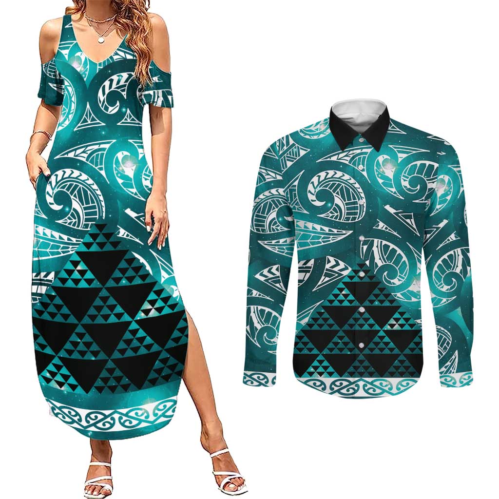 Matariki New Zealand Couples Matching Summer Maxi Dress and Long Sleeve Button Shirt NZ Niho Taniwha Maori New Year Cyan Galaxy
