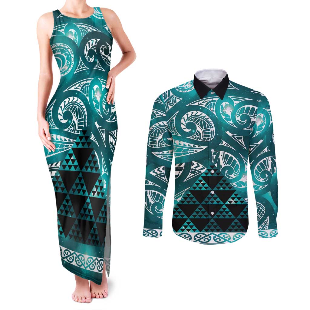 Matariki New Zealand Couples Matching Tank Maxi Dress and Long Sleeve Button Shirt NZ Niho Taniwha Maori New Year Cyan Galaxy