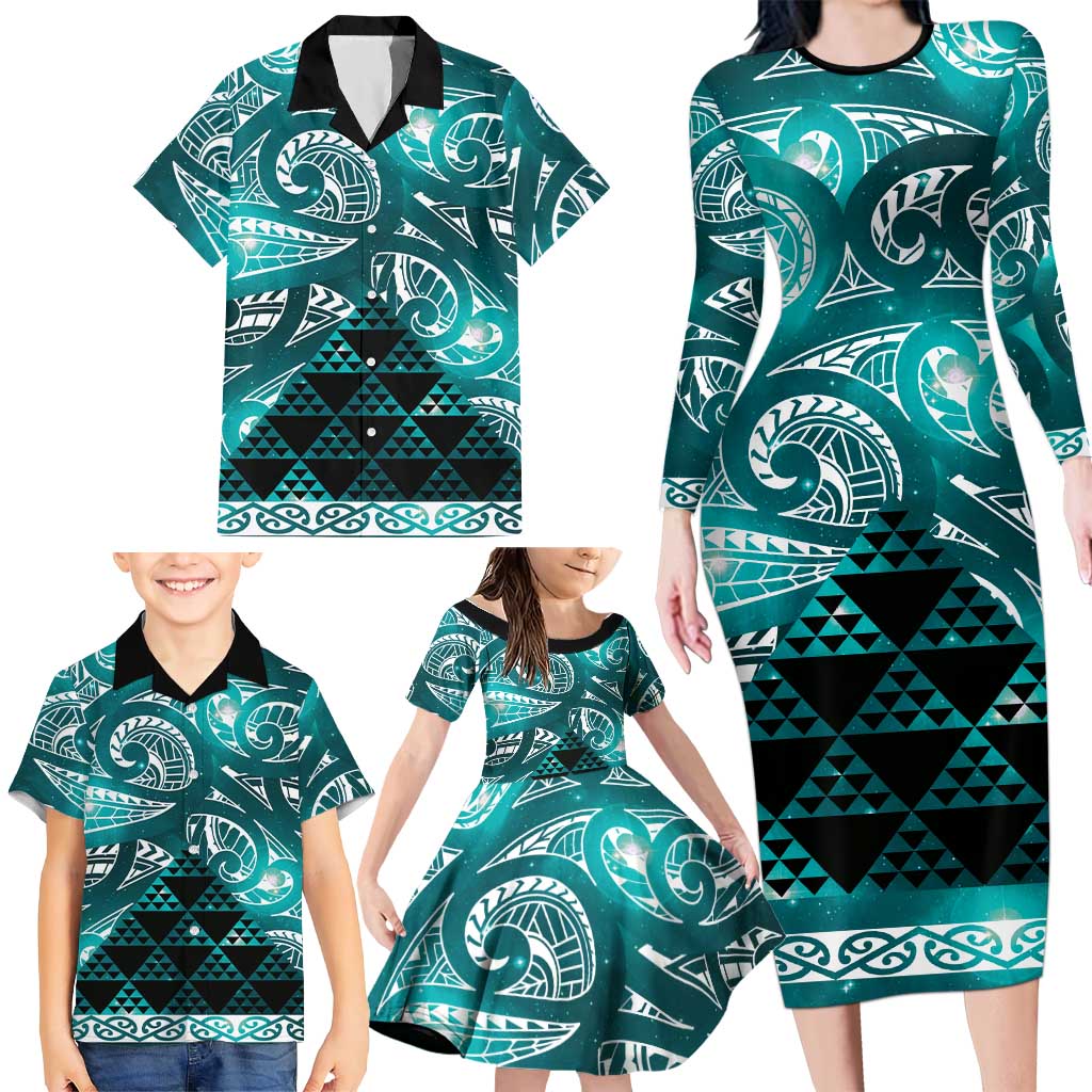 Matariki New Zealand Family Matching Long Sleeve Bodycon Dress and Hawaiian Shirt NZ Niho Taniwha Maori New Year Cyan Galaxy
