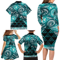 Matariki New Zealand Family Matching Long Sleeve Bodycon Dress and Hawaiian Shirt NZ Niho Taniwha Maori New Year Cyan Galaxy
