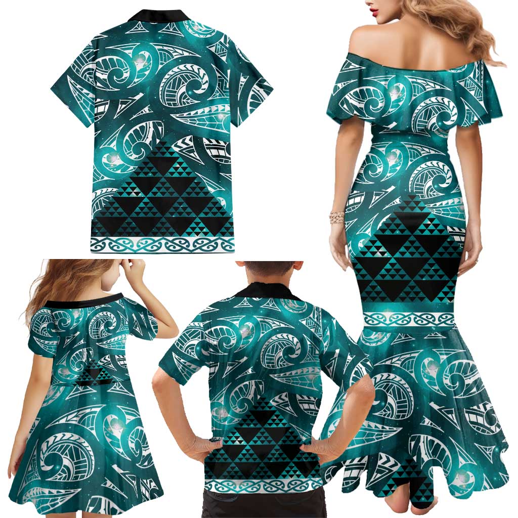 Matariki New Zealand Family Matching Mermaid Dress and Hawaiian Shirt NZ Niho Taniwha Maori New Year Cyan Galaxy