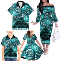 Matariki New Zealand Family Matching Off The Shoulder Long Sleeve Dress and Hawaiian Shirt NZ Niho Taniwha Maori New Year Cyan Galaxy