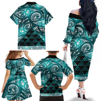 Matariki New Zealand Family Matching Off The Shoulder Long Sleeve Dress and Hawaiian Shirt NZ Niho Taniwha Maori New Year Cyan Galaxy