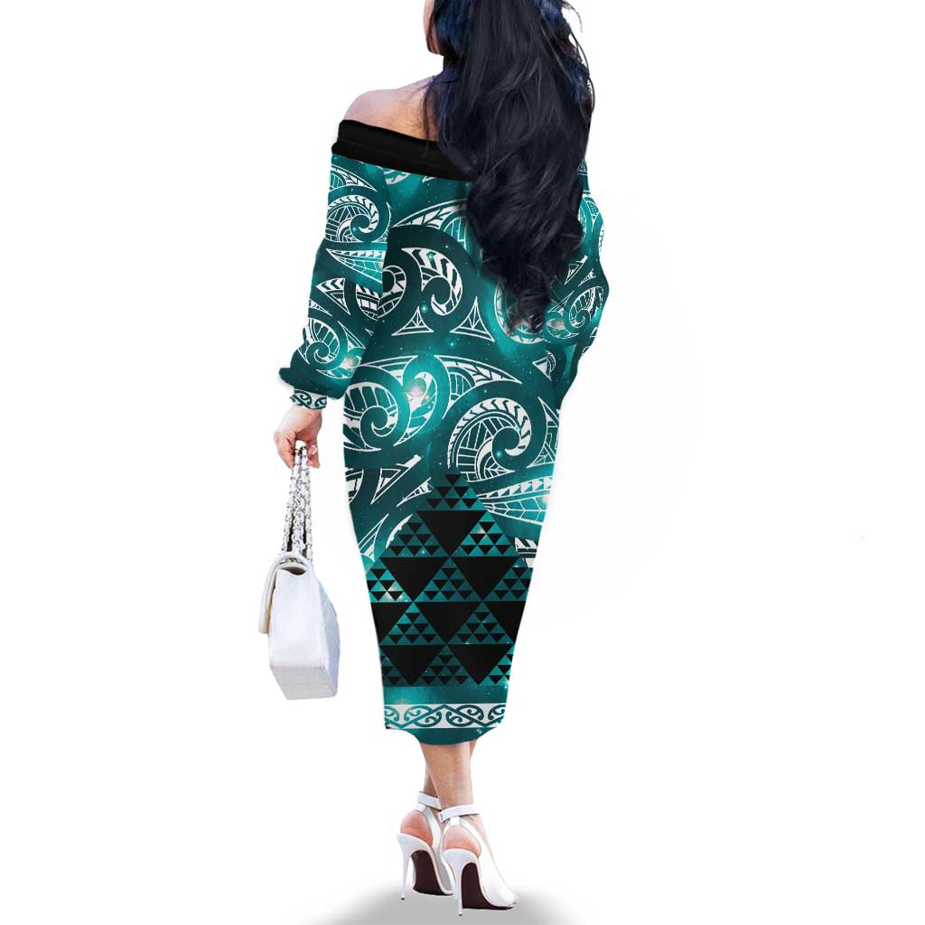 Matariki New Zealand Family Matching Off The Shoulder Long Sleeve Dress and Hawaiian Shirt NZ Niho Taniwha Maori New Year Cyan Galaxy