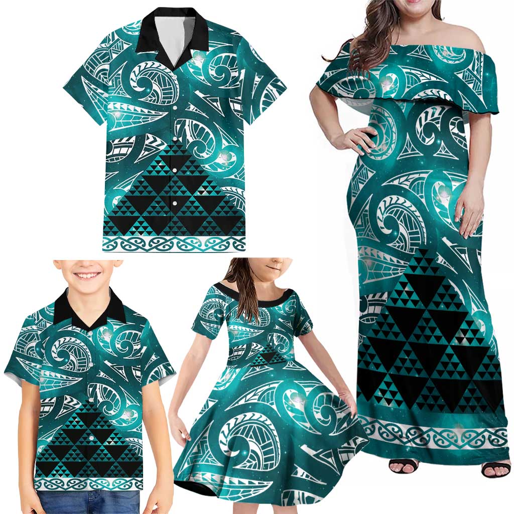 Matariki New Zealand Family Matching Off Shoulder Maxi Dress and Hawaiian Shirt NZ Niho Taniwha Maori New Year Cyan Galaxy