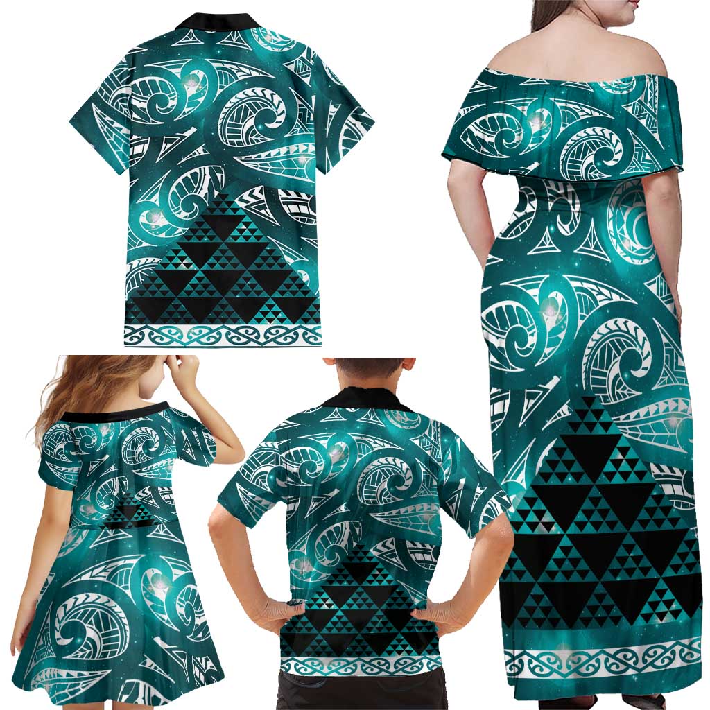 Matariki New Zealand Family Matching Off Shoulder Maxi Dress and Hawaiian Shirt NZ Niho Taniwha Maori New Year Cyan Galaxy