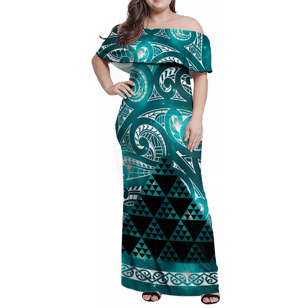 Matariki New Zealand Family Matching Off Shoulder Maxi Dress and Hawaiian Shirt NZ Niho Taniwha Maori New Year Cyan Galaxy