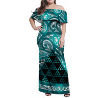 Matariki New Zealand Family Matching Off Shoulder Maxi Dress and Hawaiian Shirt NZ Niho Taniwha Maori New Year Cyan Galaxy