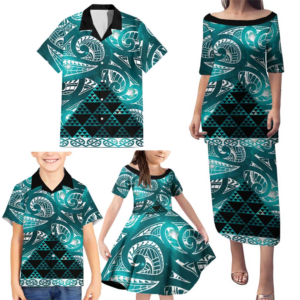 Matariki New Zealand Family Matching Puletasi and Hawaiian Shirt NZ Niho Taniwha Maori New Year Cyan Galaxy LT14 - Polynesian Pride