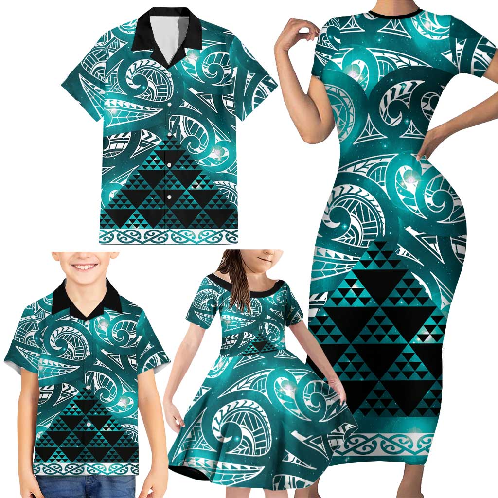 Matariki New Zealand Family Matching Short Sleeve Bodycon Dress and Hawaiian Shirt NZ Niho Taniwha Maori New Year Cyan Galaxy