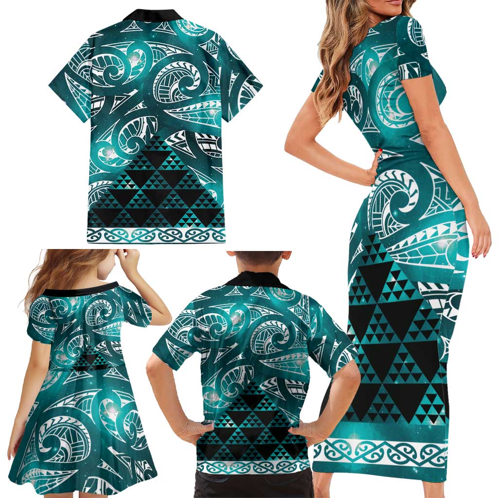 Matariki New Zealand Family Matching Short Sleeve Bodycon Dress and Hawaiian Shirt NZ Niho Taniwha Maori New Year Cyan Galaxy