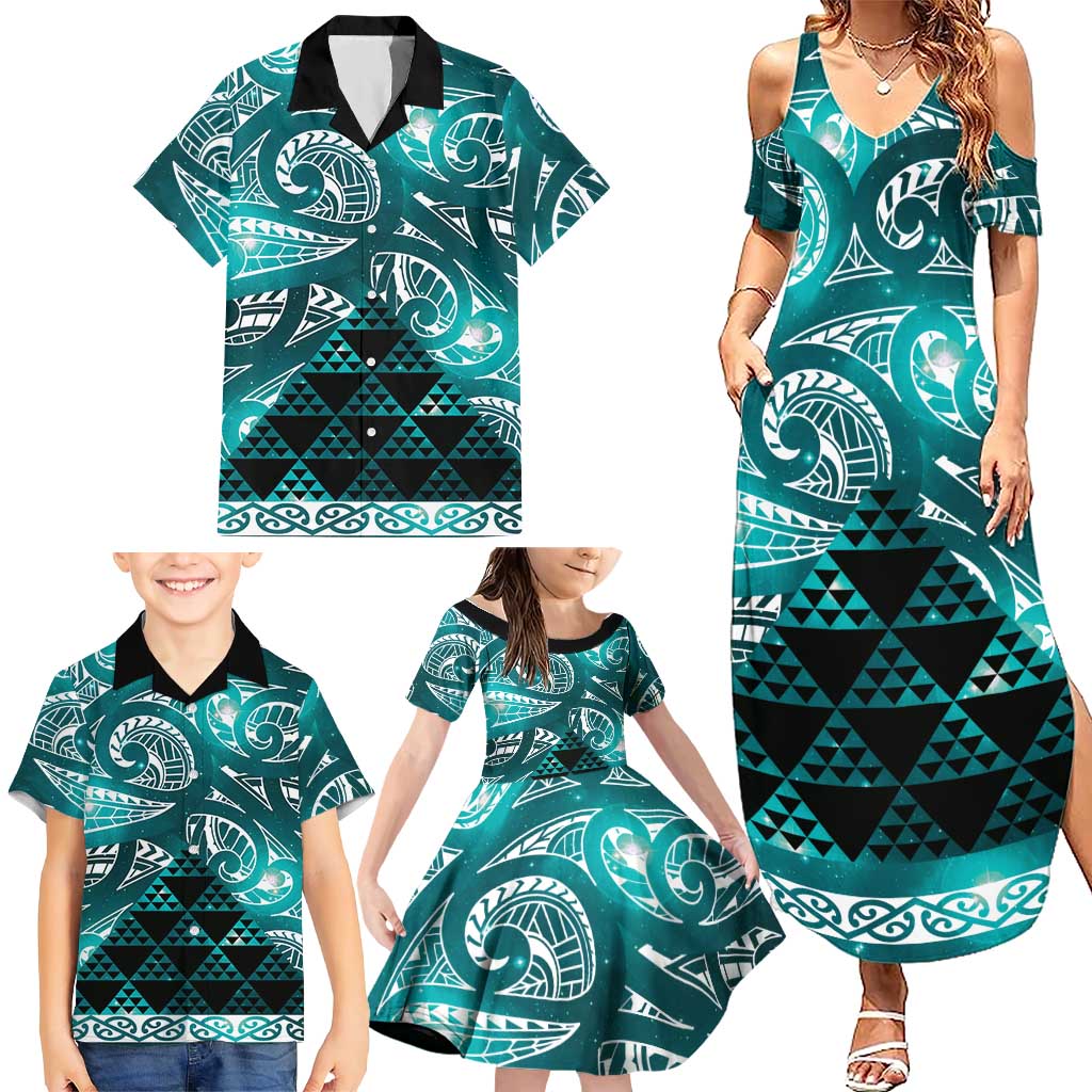 Matariki New Zealand Family Matching Summer Maxi Dress and Hawaiian Shirt NZ Niho Taniwha Maori New Year Cyan Galaxy
