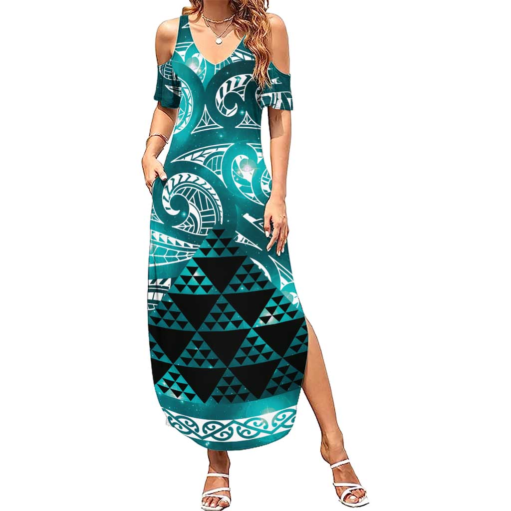 Matariki New Zealand Family Matching Summer Maxi Dress and Hawaiian Shirt NZ Niho Taniwha Maori New Year Cyan Galaxy