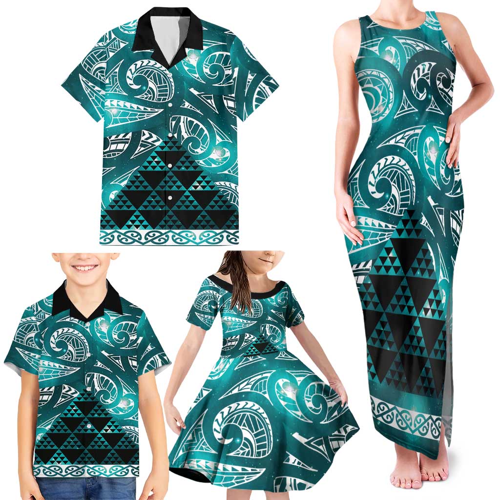 Matariki New Zealand Family Matching Tank Maxi Dress and Hawaiian Shirt NZ Niho Taniwha Maori New Year Cyan Galaxy