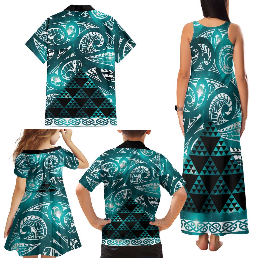 Matariki New Zealand Family Matching Tank Maxi Dress and Hawaiian Shirt NZ Niho Taniwha Maori New Year Cyan Galaxy