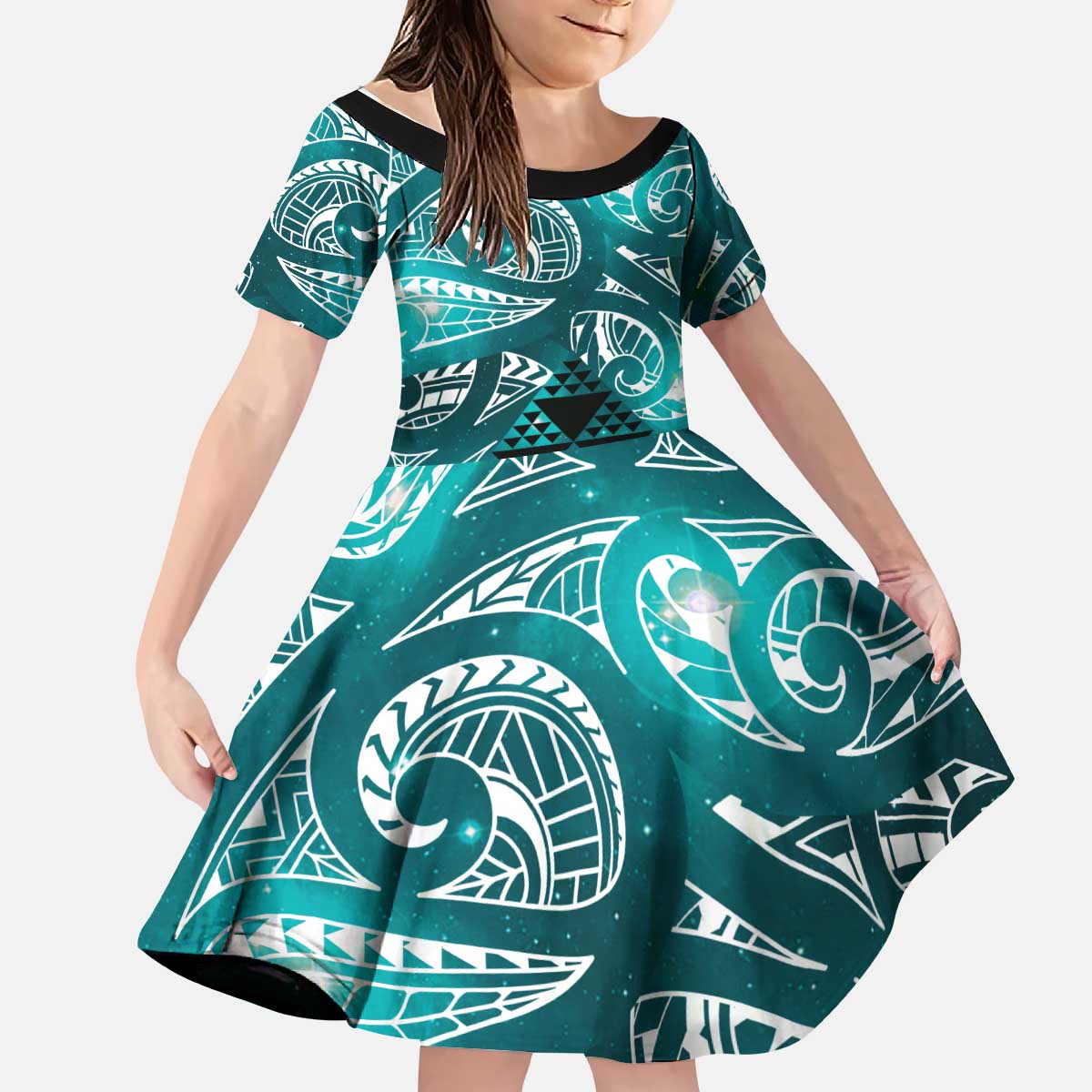 Matariki New Zealand Kid Short Sleeve Dress NZ Niho Taniwha Maori New Year Cyan Galaxy