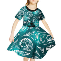 Matariki New Zealand Kid Short Sleeve Dress NZ Niho Taniwha Maori New Year Cyan Galaxy