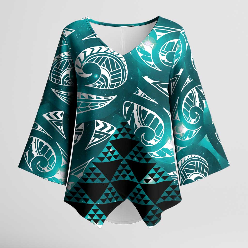 Matariki New Zealand Kimono Sleeve Blouse NZ Niho Taniwha Maori New Year Cyan Galaxy LT14 Female Cyan - Polynesian Pride
