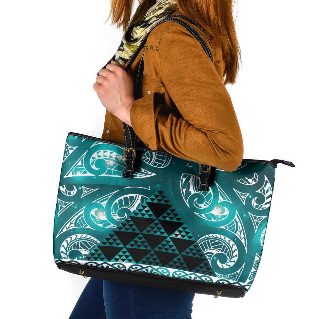 Matariki New Zealand Leather Tote Bag NZ Niho Taniwha Maori New Year Cyan Galaxy LT14 Cyan - Polynesian Pride