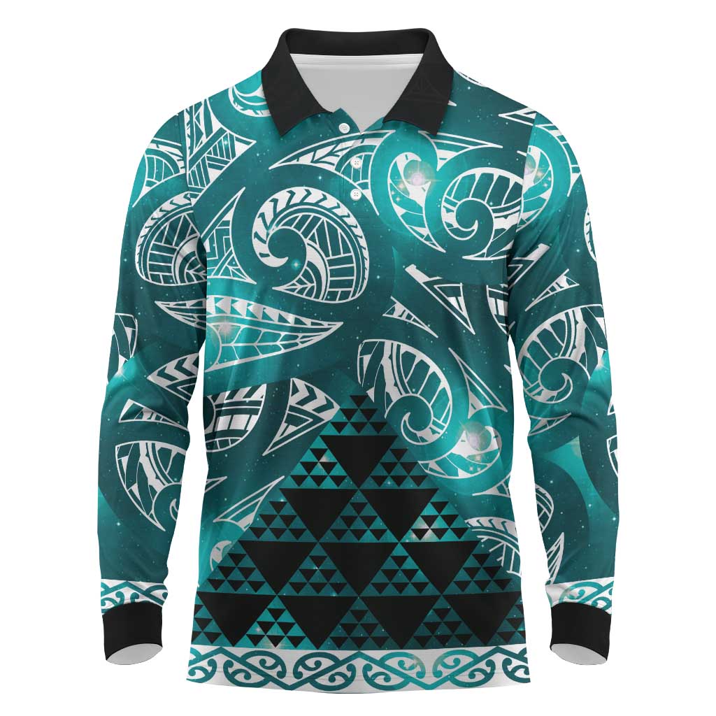 Matariki New Zealand Long Sleeve Polo Shirt NZ Niho Taniwha Maori New Year Cyan Galaxy