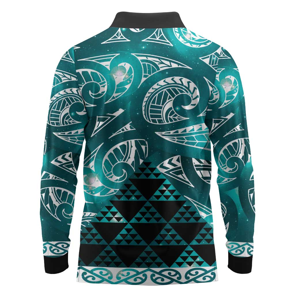 Matariki New Zealand Long Sleeve Polo Shirt NZ Niho Taniwha Maori New Year Cyan Galaxy