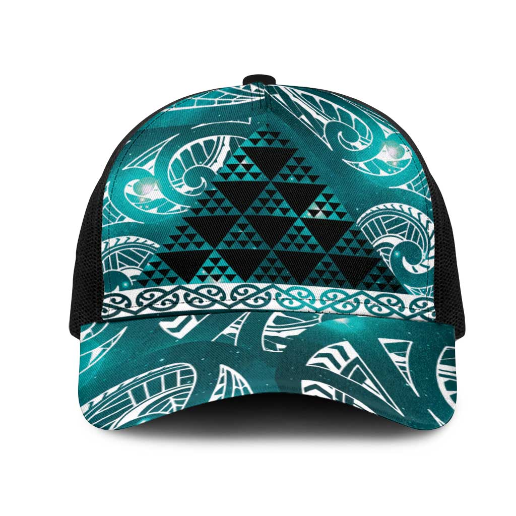 Matariki New Zealand Mesh Trucker Cap NZ Niho Taniwha Maori New Year Cyan Galaxy LT14 One Size Black Cyan - Polynesian Pride