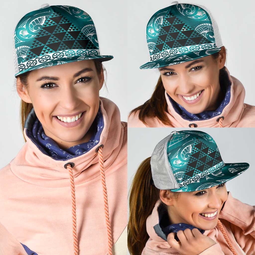 Matariki New Zealand Mesh Trucker Cap NZ Niho Taniwha Maori New Year Cyan Galaxy LT14 - Polynesian Pride