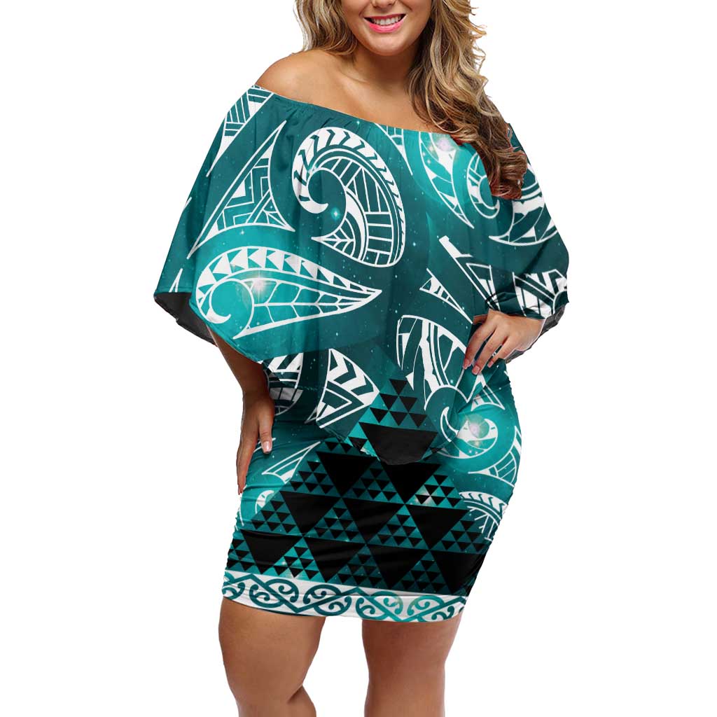 Matariki New Zealand Off Shoulder Short Dress NZ Niho Taniwha Maori New Year Cyan Galaxy