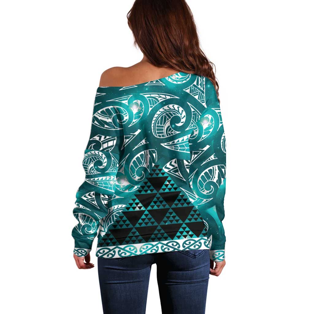 Matariki New Zealand Off Shoulder Sweater NZ Niho Taniwha Maori New Year Cyan Galaxy LT14 - Polynesian Pride