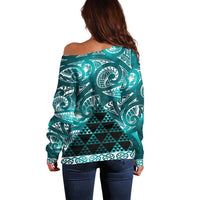 Matariki New Zealand Off Shoulder Sweater NZ Niho Taniwha Maori New Year Cyan Galaxy LT14 - Polynesian Pride